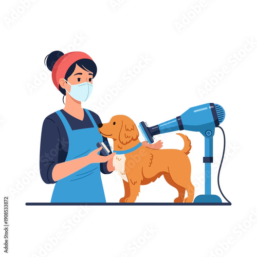 Pet groomer drying and brushing a golden retriever dog with a hairdryer and comb