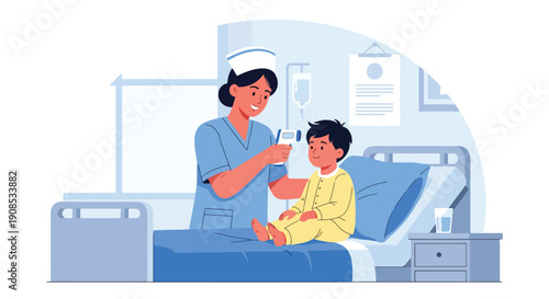 Modern flat vector illustration of nurse checking child’s temperature in hospital room, showing pediatric care, compassion, medical support, and professional healthcare service concept