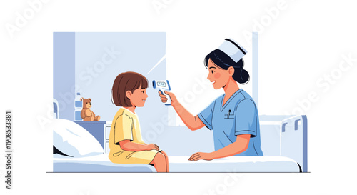 Modern flat vector illustration of nurse checking child’s temperature in hospital room, showing pediatric care, compassion, medical support, and professional healthcare service concept