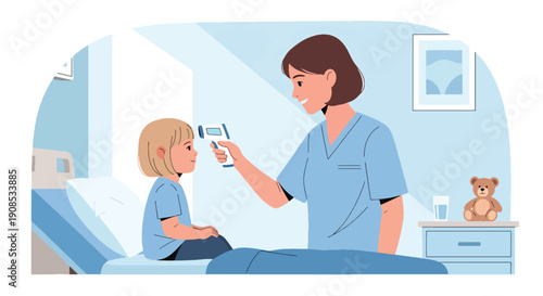 Modern flat vector illustration of nurse checking child’s temperature in hospital room, showing pediatric care, compassion, medical support, and professional healthcare service concept