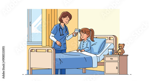 Modern flat vector illustration of nurse checking child’s temperature in hospital room, showing pediatric care, compassion, medical support, and professional healthcare service concept
