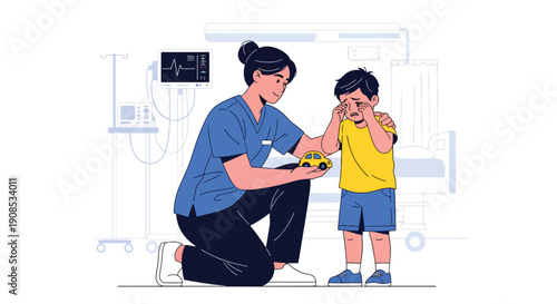 Flat vector illustration of healthcare worker comforting crying child in emergency room, showing empathy, emotional support, and compassionate pediatric care
