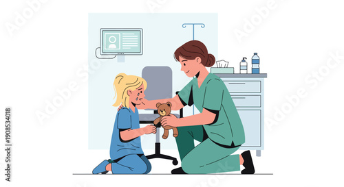 Flat vector illustration of healthcare worker comforting crying child in emergency room, showing empathy, emotional support, and compassionate pediatric care