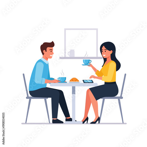 Couple enjoying coffee and croissant at a cafe table, smiling and talking