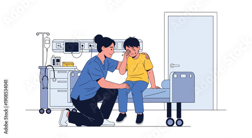 Flat vector illustration of healthcare worker comforting crying child in emergency room, showing empathy, emotional support, and compassionate pediatric care