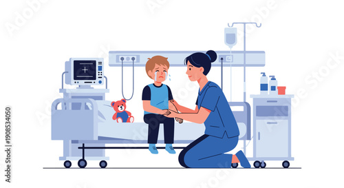Flat vector illustration of healthcare worker comforting crying child in emergency room, showing empathy, emotional support, and compassionate pediatric care