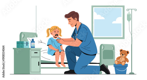 Flat vector illustration of healthcare worker comforting crying child in emergency room, showing empathy, emotional support, and compassionate pediatric care