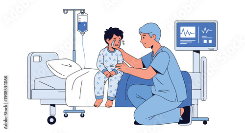 Flat vector illustration of healthcare worker comforting crying child in emergency room, showing empathy, emotional support, and compassionate pediatric care