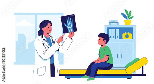 Modern flat vector illustration of doctor showing X-ray to child in friendly way, explaining treatment and diagnosis with trust and positive medical communication