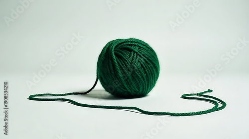  green yarn ball with soft wool texture and loose strand, isolated on transparent background.