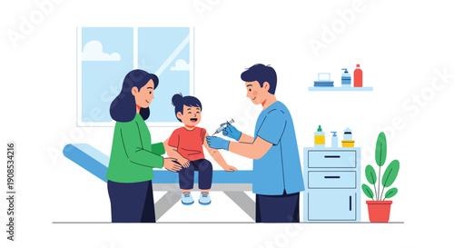 Modern flat vector illustration of pediatrician giving vaccine to smiling child with parent support, showing preventive healthcare and immunization concept