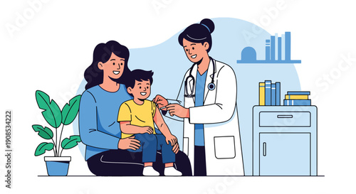 Modern flat vector illustration of pediatrician giving vaccine to smiling child with parent support, showing preventive healthcare and immunization concept