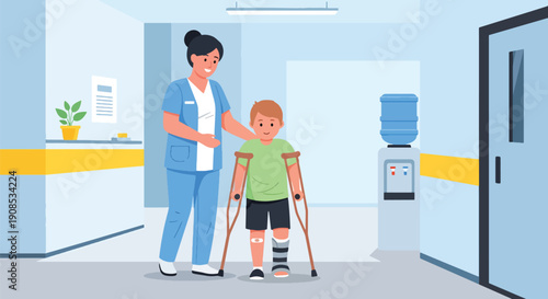 Flat vector illustration of nurse helping injured child walk with crutches in hospital corridor, showing rehabilitation, recovery, and supportive pediatric care