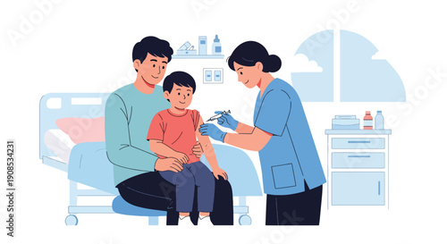 Modern flat vector illustration of pediatrician giving vaccine to smiling child with parent support, showing preventive healthcare and immunization concept