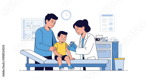 Modern flat vector illustration of pediatrician giving vaccine to smiling child with parent support, showing preventive healthcare and immunization concept