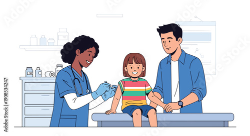 Modern flat vector illustration of pediatrician giving vaccine to smiling child with parent support, showing preventive healthcare and immunization concept