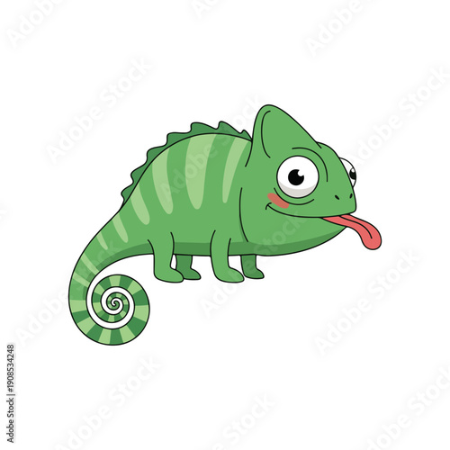 Cute Green Cartoon Chameleon with Tongue Sticking Out