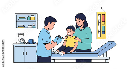 Modern flat vector illustration of pediatrician giving vaccine to smiling child with parent support, showing preventive healthcare and immunization concept