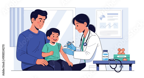 Modern flat vector illustration of pediatrician giving vaccine to smiling child with parent support, showing preventive healthcare and immunization concept