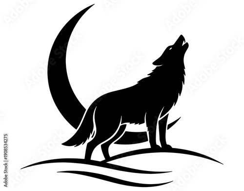 A silhouette of a howling wolf standing on a moonlit landscape