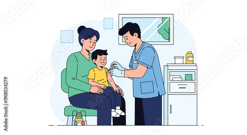Modern flat vector illustration of pediatrician giving vaccine to smiling child with parent support, showing preventive healthcare and immunization concept