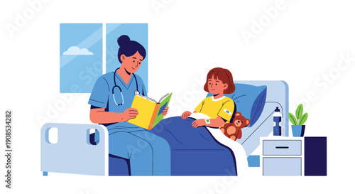 Flat vector illustration of nurse reading storybook to hospitalized child, showing emotional comfort, mental wellness, and compassionate healthcare support