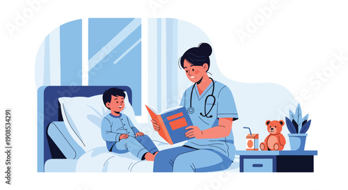 Flat vector illustration of nurse reading storybook to hospitalized child, showing emotional comfort, mental wellness, and compassionate healthcare support