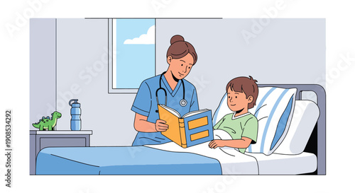 Flat vector illustration of nurse reading storybook to hospitalized child, showing emotional comfort, mental wellness, and compassionate healthcare support