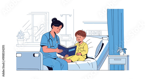 Flat vector illustration of nurse reading storybook to hospitalized child, showing emotional comfort, mental wellness, and compassionate healthcare support