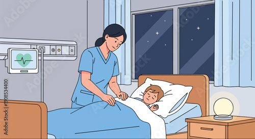 Modern flat vector illustration of nurse adjusting blanket and pillow for child at bedside, showing night care, safety, and compassionate pediatric support