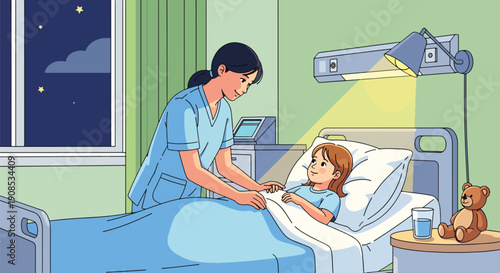 Modern flat vector illustration of nurse adjusting blanket and pillow for child at bedside, showing night care, safety, and compassionate pediatric support