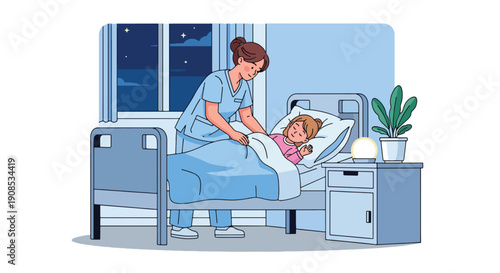 Modern flat vector illustration of nurse adjusting blanket and pillow for child at bedside, showing night care, safety, and compassionate pediatric support