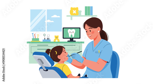 Modern flat vector illustration of dentist examining child’s teeth in pediatric clinic, showing oral health care and preventive dental treatment