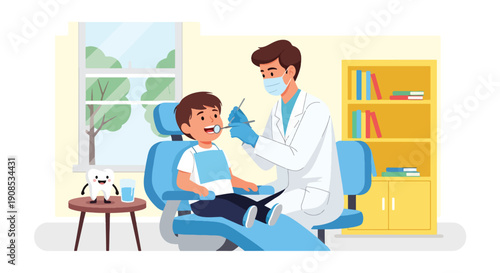 Modern flat vector illustration of dentist examining child’s teeth in pediatric clinic, showing oral health care and preventive dental treatment