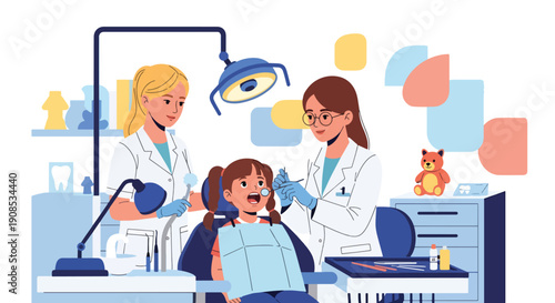Modern flat vector illustration of dentist examining child’s teeth in pediatric clinic, showing oral health care and preventive dental treatment