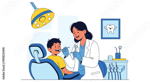 Modern flat vector illustration of dentist examining child’s teeth in pediatric clinic, showing oral health care and preventive dental treatment