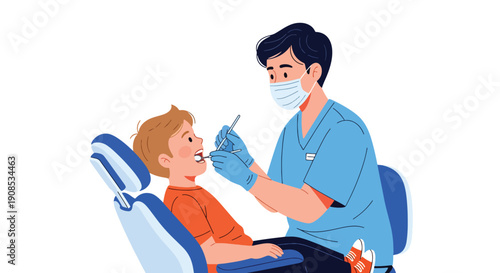 Modern flat vector illustration of dentist examining child’s teeth in pediatric clinic, showing oral health care and preventive dental treatment