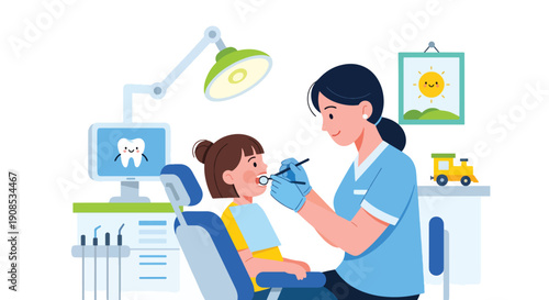 Modern flat vector illustration of dentist examining child’s teeth in pediatric clinic, showing oral health care and preventive dental treatment