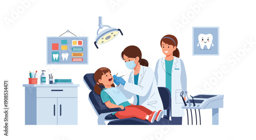 Modern flat vector illustration of dentist examining child’s teeth in pediatric clinic, showing oral health care and preventive dental treatment