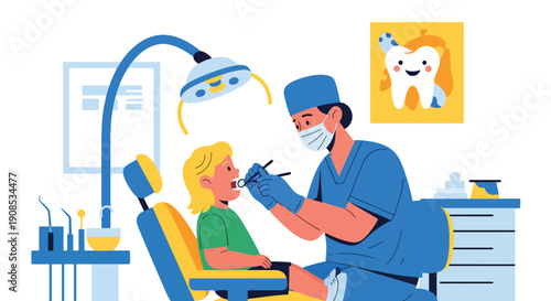 Modern flat vector illustration of dentist examining child’s teeth in pediatric clinic, showing oral health care and preventive dental treatment