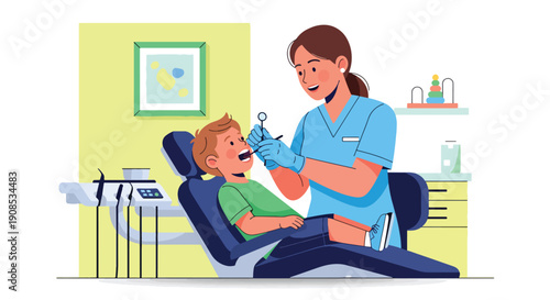 Modern flat vector illustration of dentist examining child’s teeth in pediatric clinic, showing oral health care and preventive dental treatment
