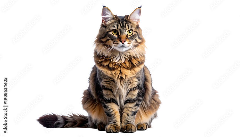 custom made wallpaper toronto digitalA beautiful long-haired Maine Coon cat sitting gracefully and looking directly at the camera. This purebred domestic feline has a brown tabby coat and is isolated on a transparent background.