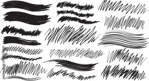 Hand drawn marker brush stroke lines and crayon scribble stripes, rough pencil dash lines and sketch underlines, freehand handwriting divider collection, vector illustration.eps