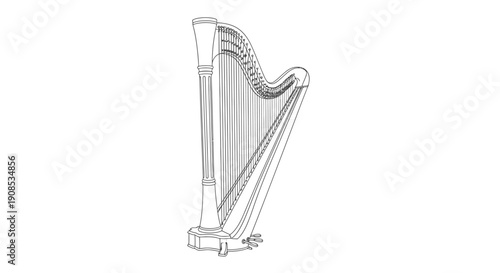 Elegant outline drawing of a classical harp, traditional string musical instrument, isolated white background.