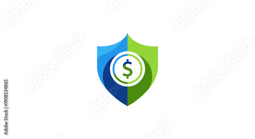 Blue and green gradient shield with dollar sign, symbolizing financial security and protection, isolated white background.