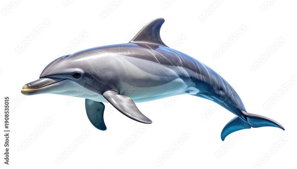 Obraz premium A beautiful, realistic common bottlenose dolphin jumping and smiling, captured mid-air. This marine mammal showcases its sleek, gray skin and intelligent expression, isolated with a transparent backgr