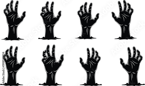 WebBlack silhouette collection of detailed zombie hands reaching up from ground isolated on white background for spooky Halloween horror and supernatural monster design projects