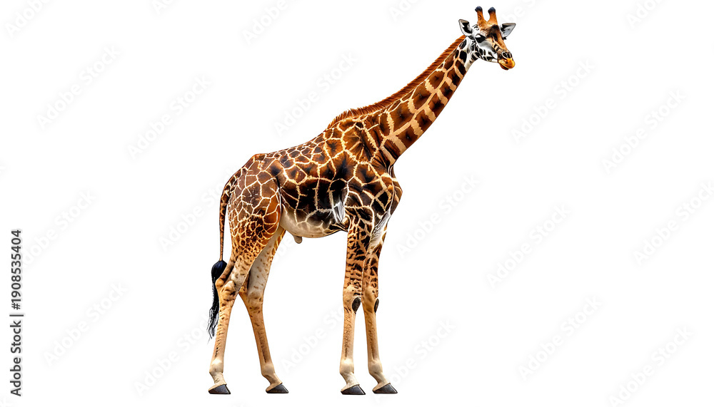 Naklejka premium Elegant and majestic African giraffe with a beautiful spotted pattern. Realistic illustration of a wild safari animal standing in a full-body side view pose with a transparent background.