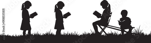 Silhouettes of people in various yoga poses on grass