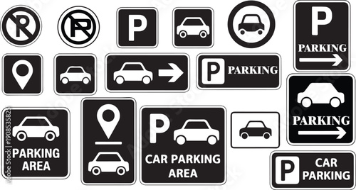 Collection of black and white parking and no parking signs with car Keywords: parking, no
